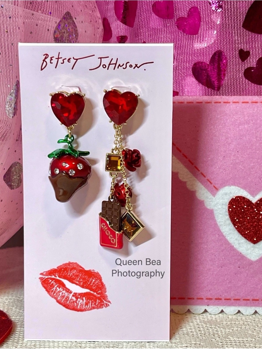 Betsey Johnson Red Heart Mismatched Strawberry & Chocolate Charm Earrings